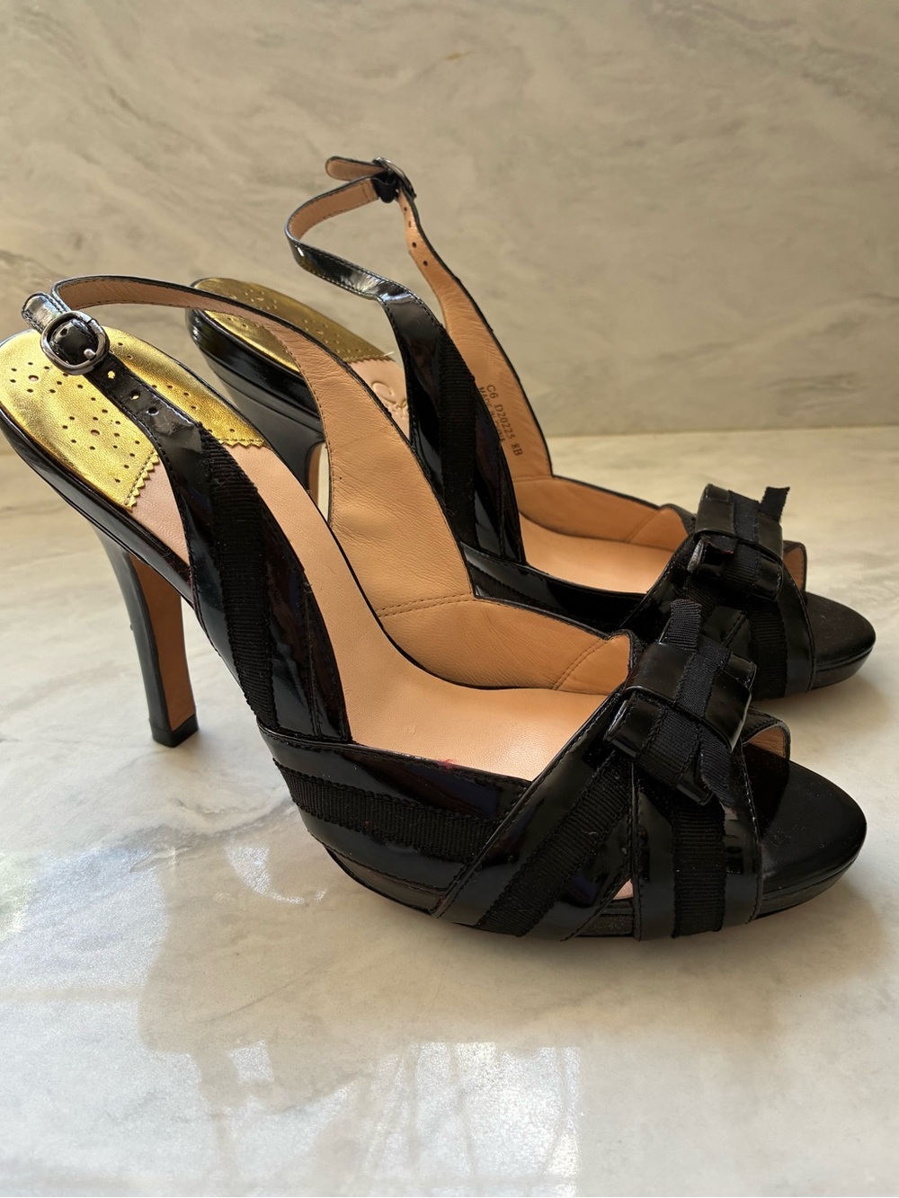 Cole Haan Black Patent Slingback Heels with Bow Detail